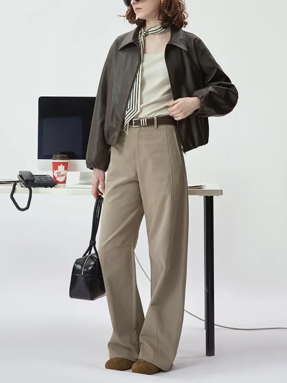 OuXiaoCang Khaki Wide Leg Pants High Rise Trousers XS